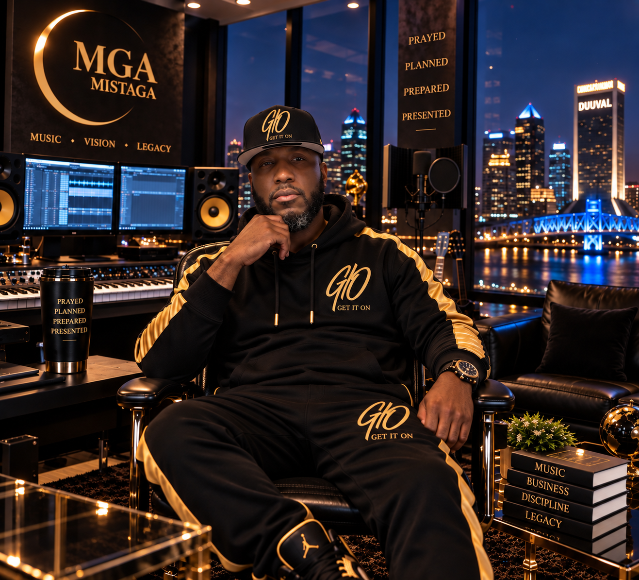 MISTAGA seated in a black and gold recording studio overlooking the city at night