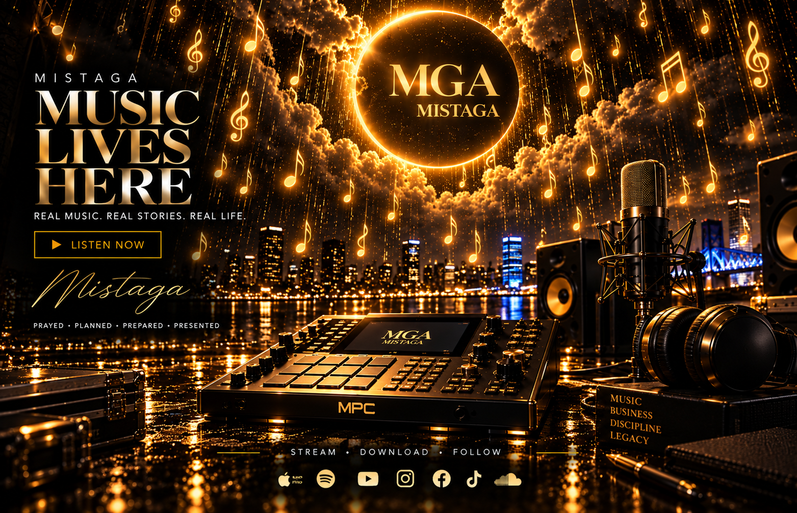 MISTAGA Music Lives Here artwork with golden musical notes and studio equipment