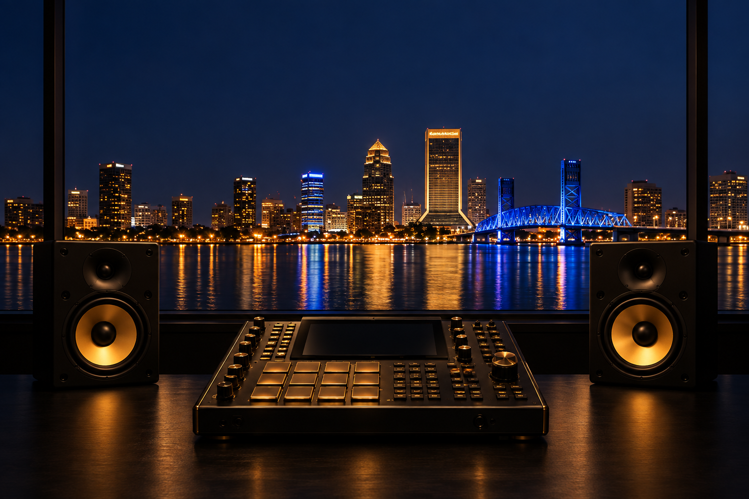 Stylized Jacksonville riverfront studio with the blue Main Street Bridge, two monitor speakers and an MPC